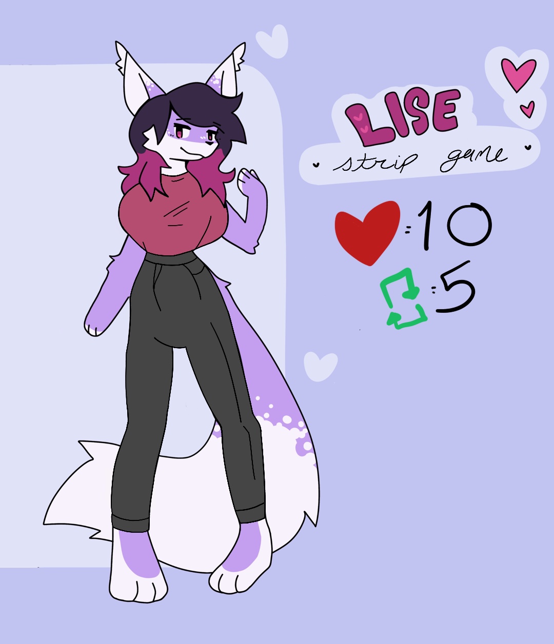 my fursona in a tight shirt and pants, drawn over the top seductive and with comically large breasts. on the side is the text 'lise strip game', acompanied by text saying '10 likes' and '5 retweets'